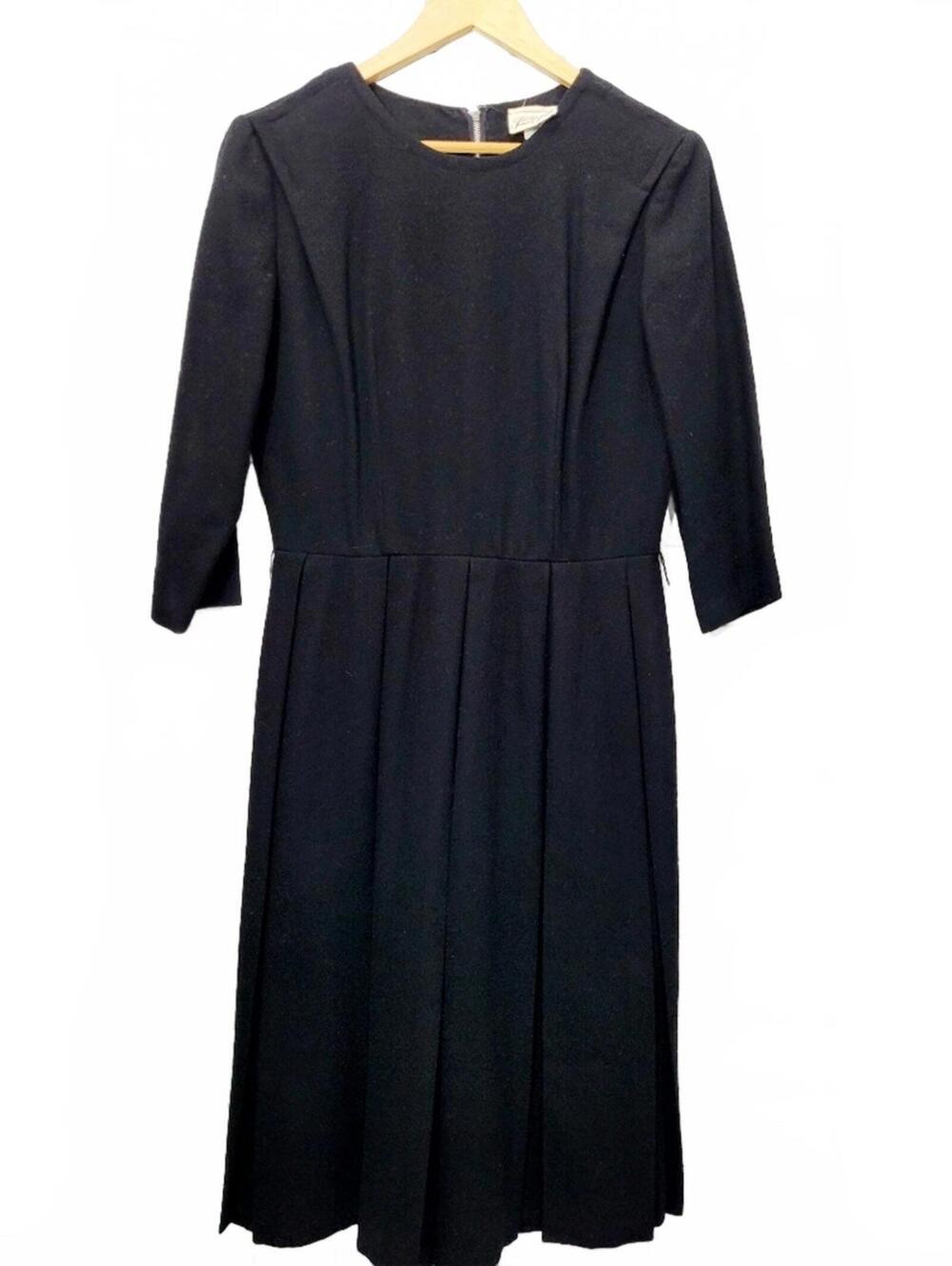 Women’s Vintage Little Black Wool Dress A Line ¾ Sleeve Pleated Midi Len…